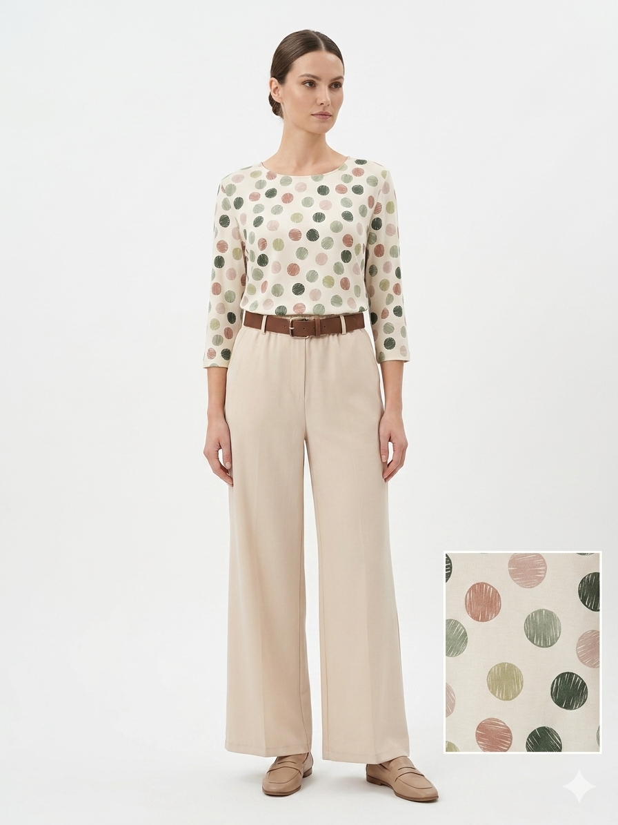 Blusa a Pois Pastello con Pantaloni Palazzo Neutri