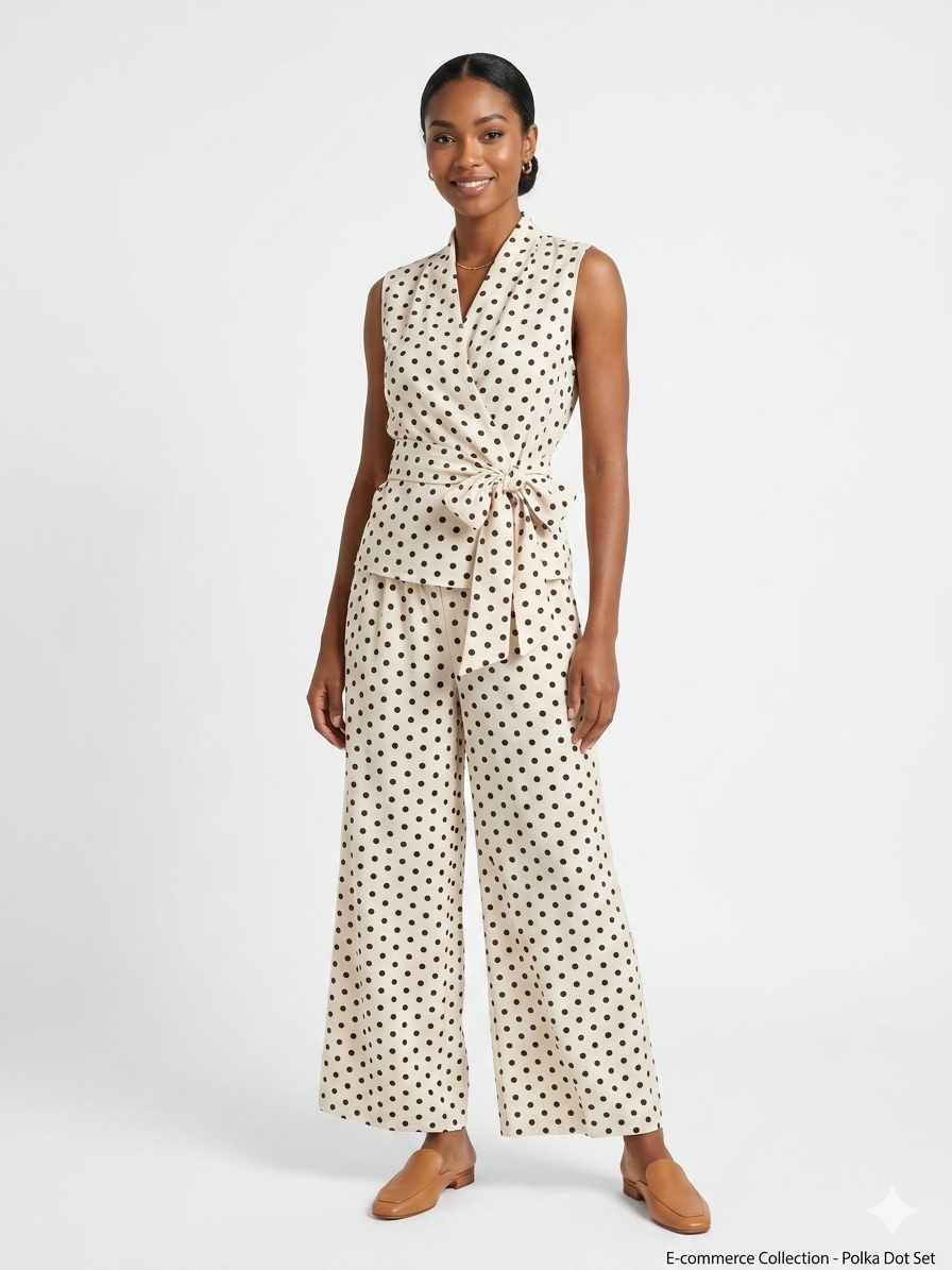 Completo a Pois in Satin – Top Annodato e Pantaloni Palazzo