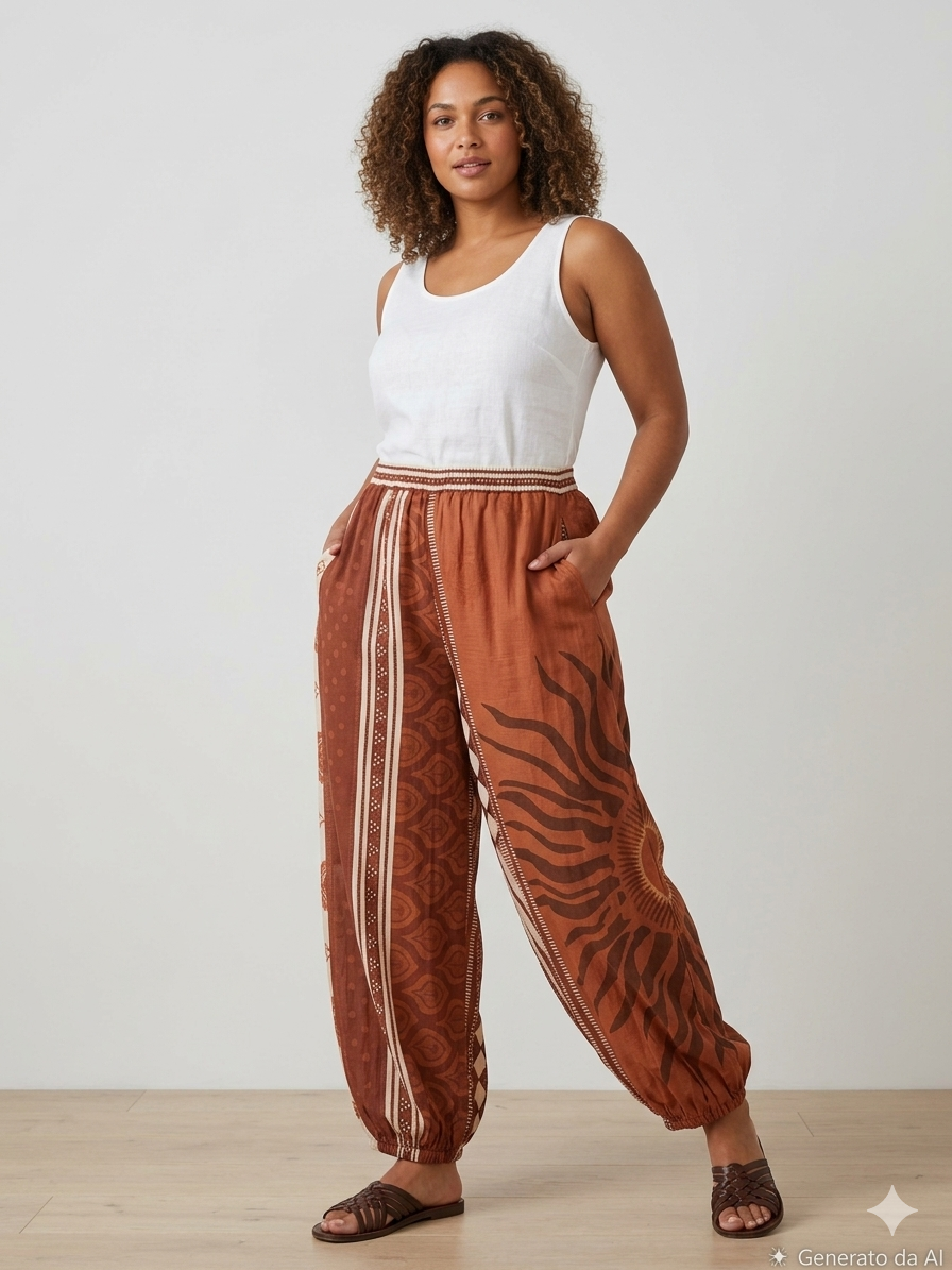 Pantaloni harem boho in cotone con fantasia etnica , stampa solare e motivi geometrici