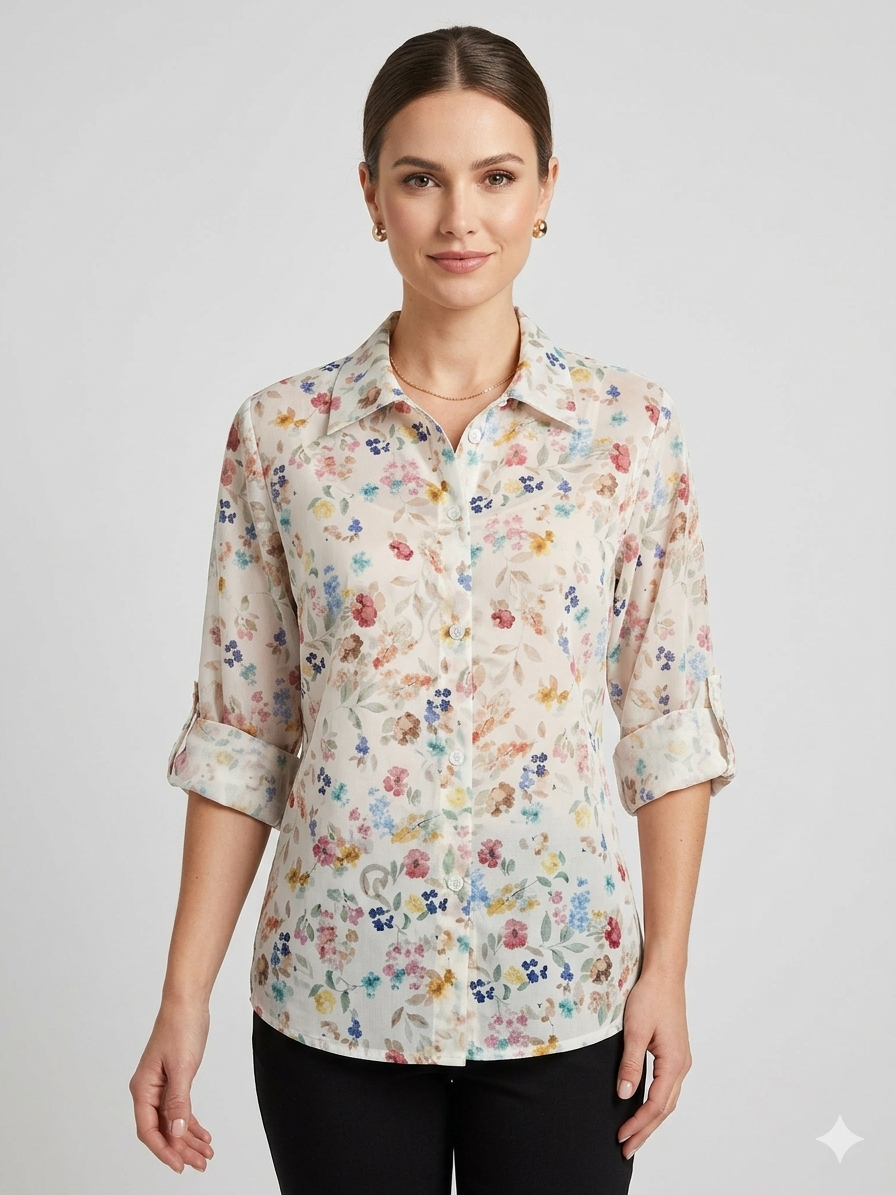 Blusa leggera floreale a maniche 3/4 in voile trasparente