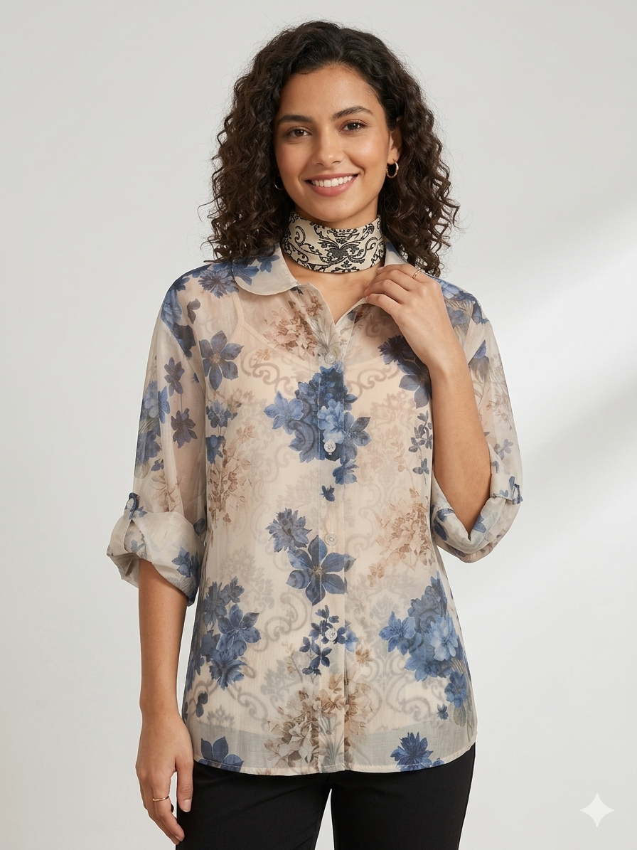 Blusa leggera floreale a maniche 3/4 in voile trasparente