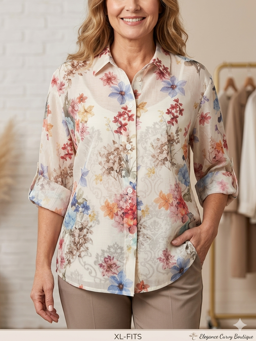 Blusa leggera floreale a maniche 3/4 in voile trasparente
