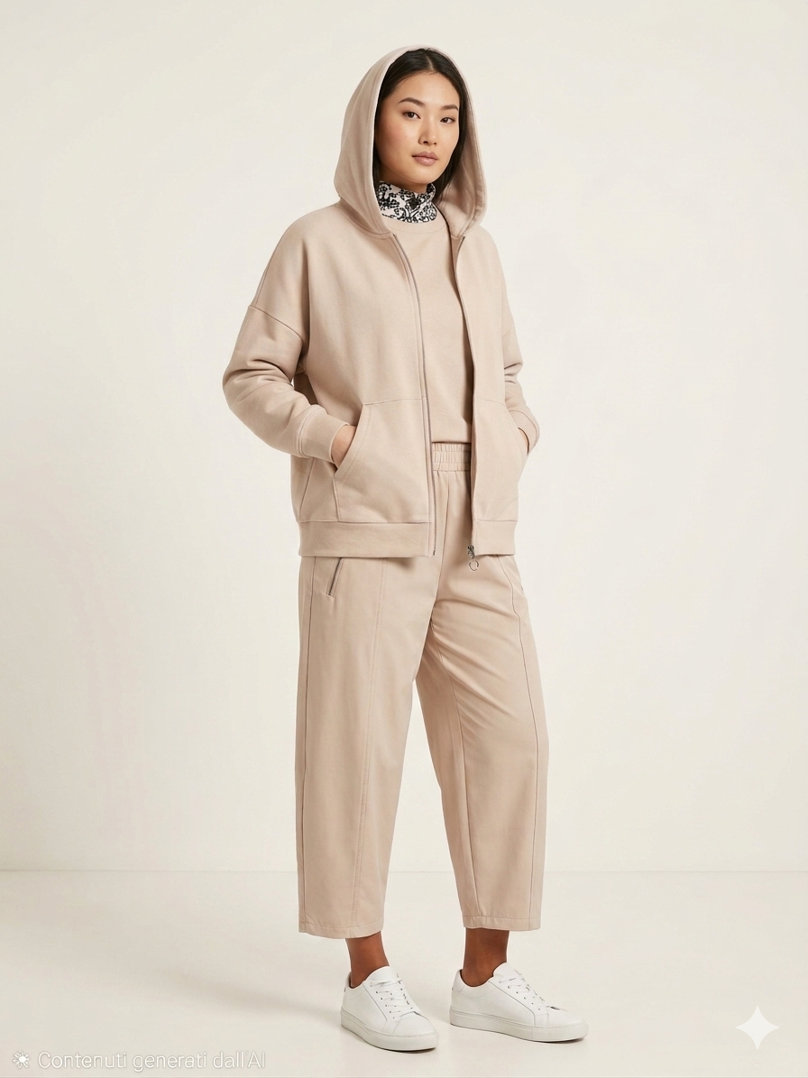 Tuta donna beige con felpa e pantaloni morbidi