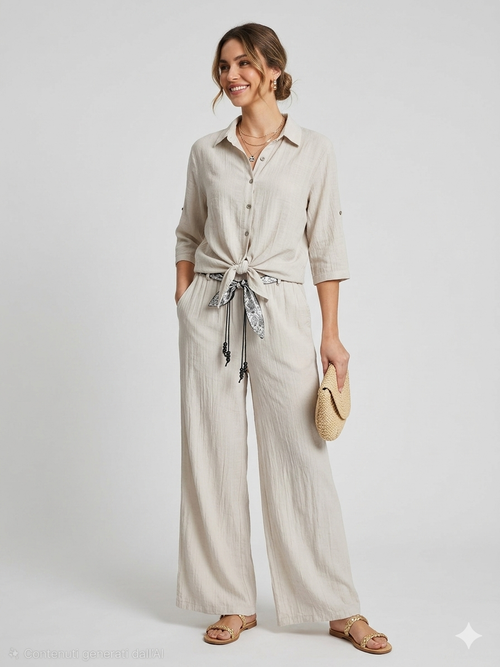 Completo in lino  con camicia annodata e pantaloni palazzo