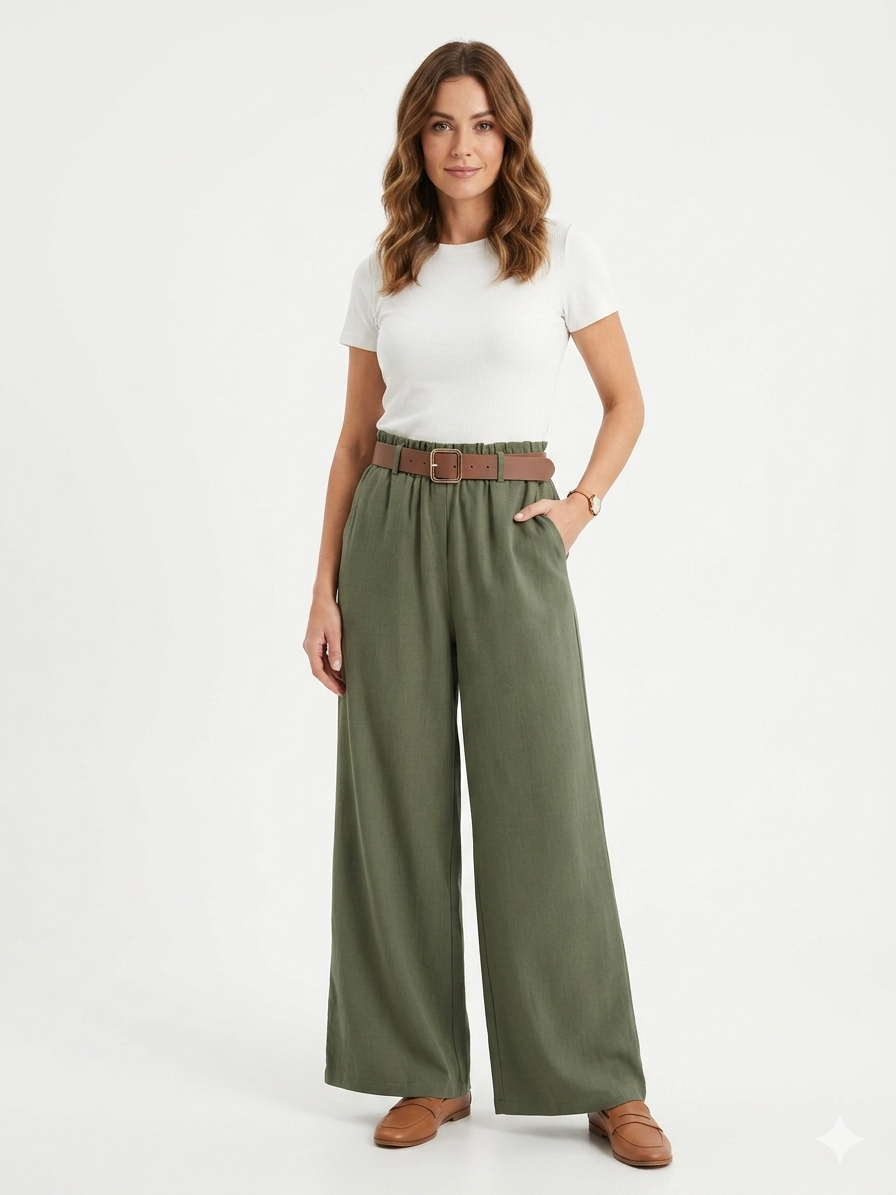 Pantaloni Ampi Donna con Elastico in Vita e Cintura Inclusa