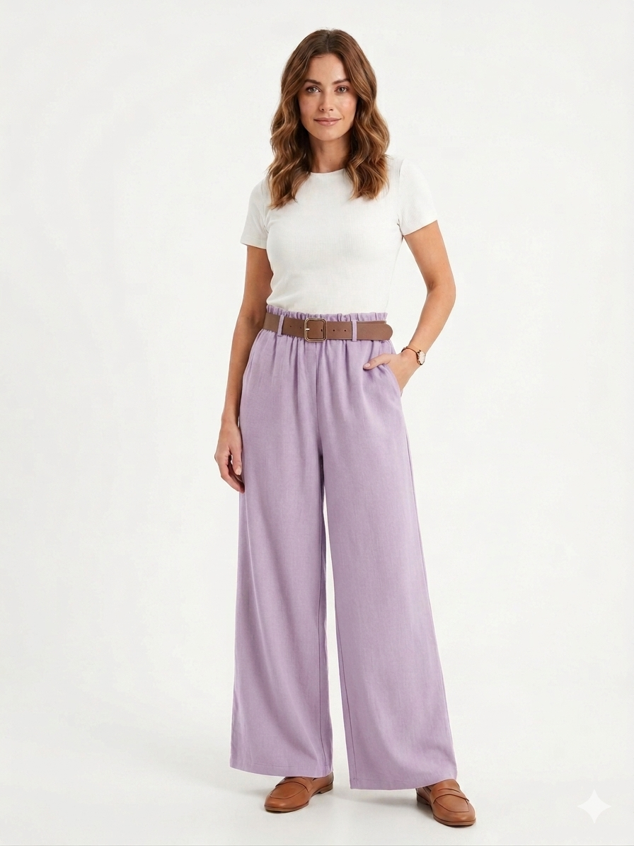 Pantaloni Ampi Donna con Elastico in Vita e Cintura Inclusa