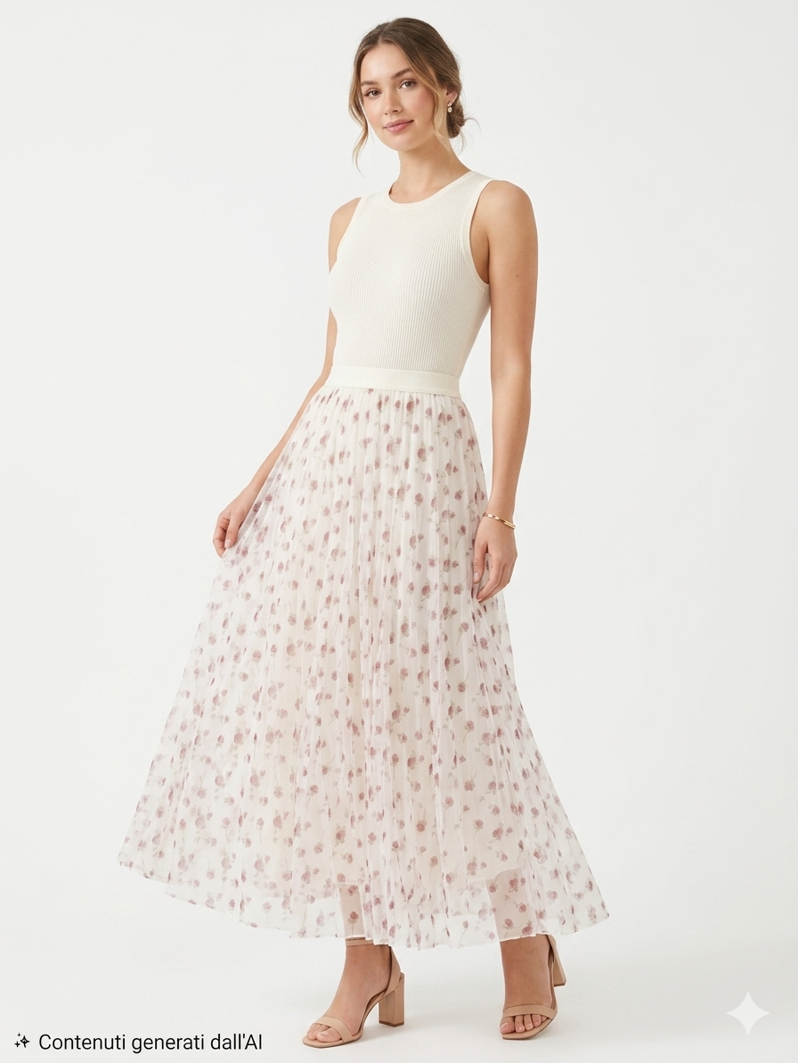 Gonna lunga in tulle floreale rosa vintage