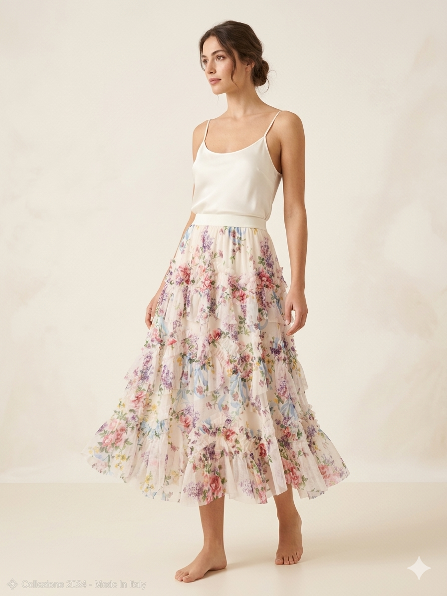 Gonna lunga in tulle floreale rosa vintage