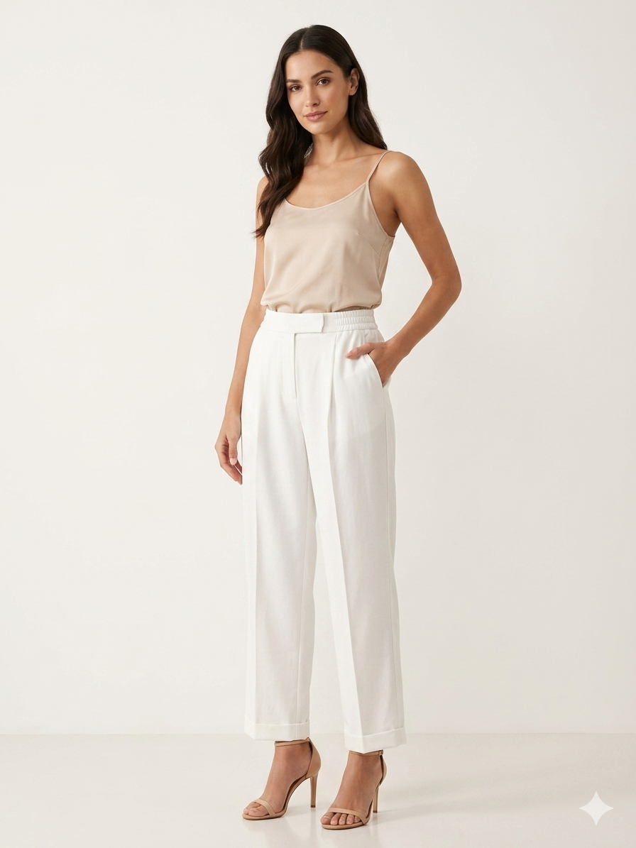 Pantaloni donna a vita elasticata a gamba dritta