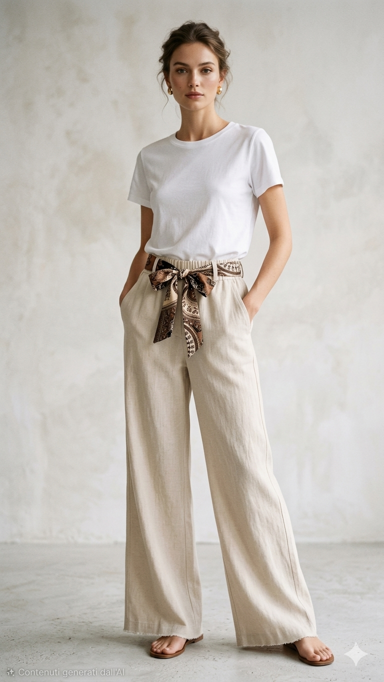 Pantaloni Larghi Estivi con Dettaglio Foulard