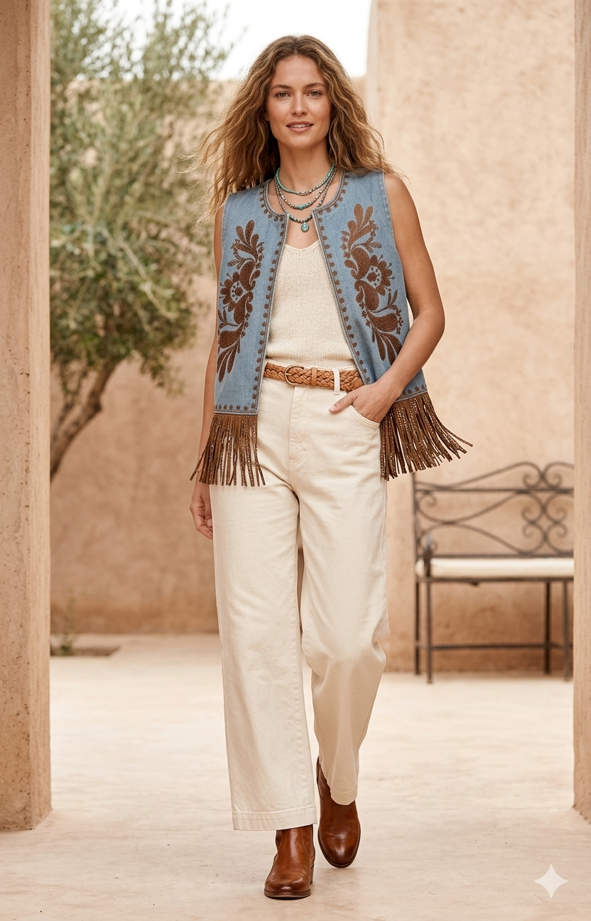 Gilet vintage-style in denim con fiori ricamati e frange