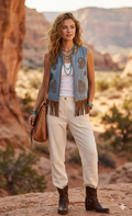 Gilet vintage-style in denim con fiori ricamati e frange