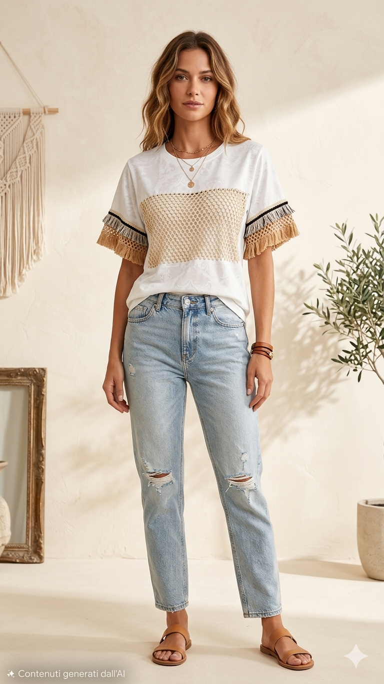 T-shirt Estiva con Maniche a Mezza Lunghezza in Pizzo Traforato