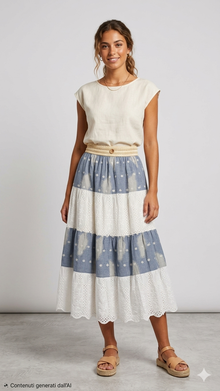 Gonna lunga a balze con ricami e motivo floreale - Stile Boho Chic