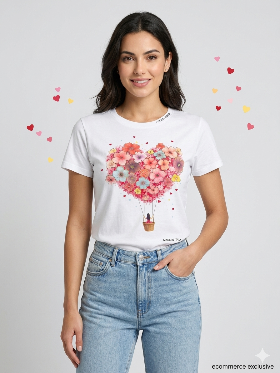 Indossa l'Amore: T-shirt con Mongolfiera e Cuore di Fiori