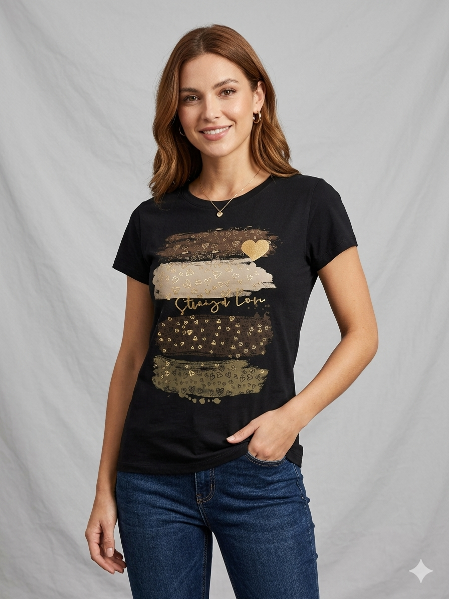 Maglietta Nera Casual da Donna con Dettagli Glitter Oro