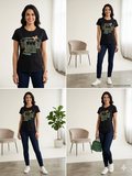 T-shirt donna nera con stampa grafica borse e dettagli oro