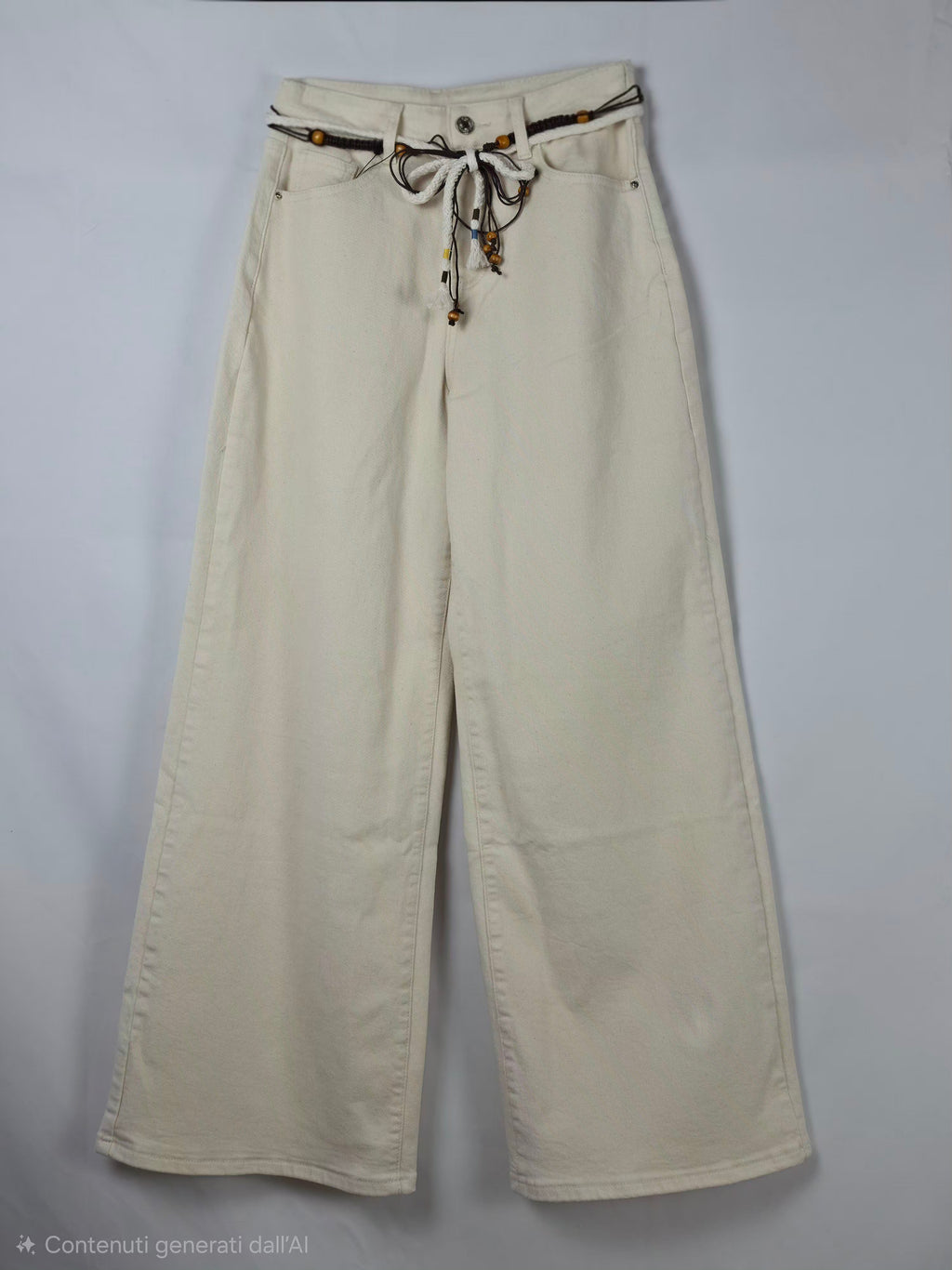 Pantaloni ampie in velluto a coste crema con cintura bohemienne