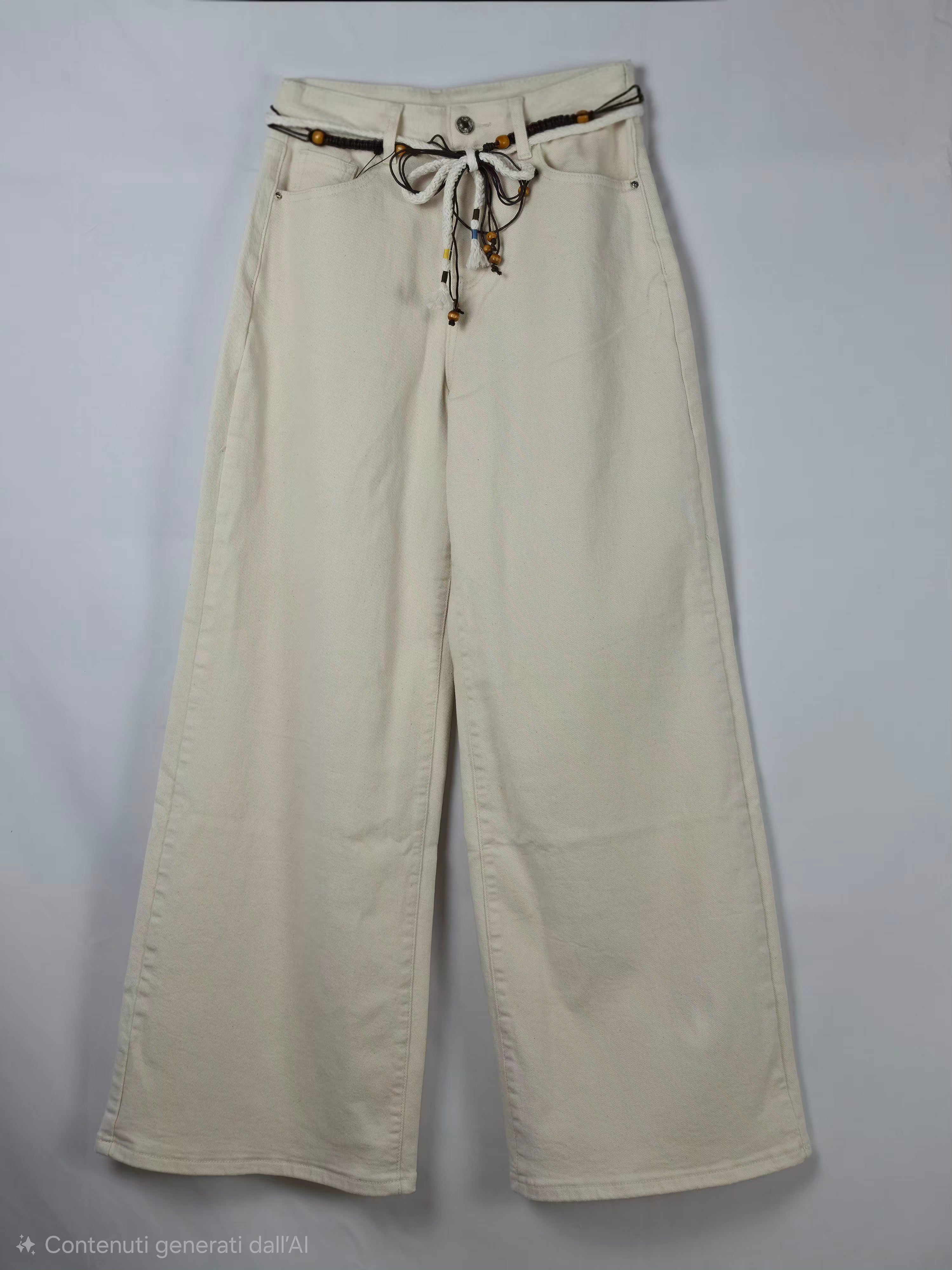 Pantaloni ampie in velluto a coste crema con cintura bohemienne