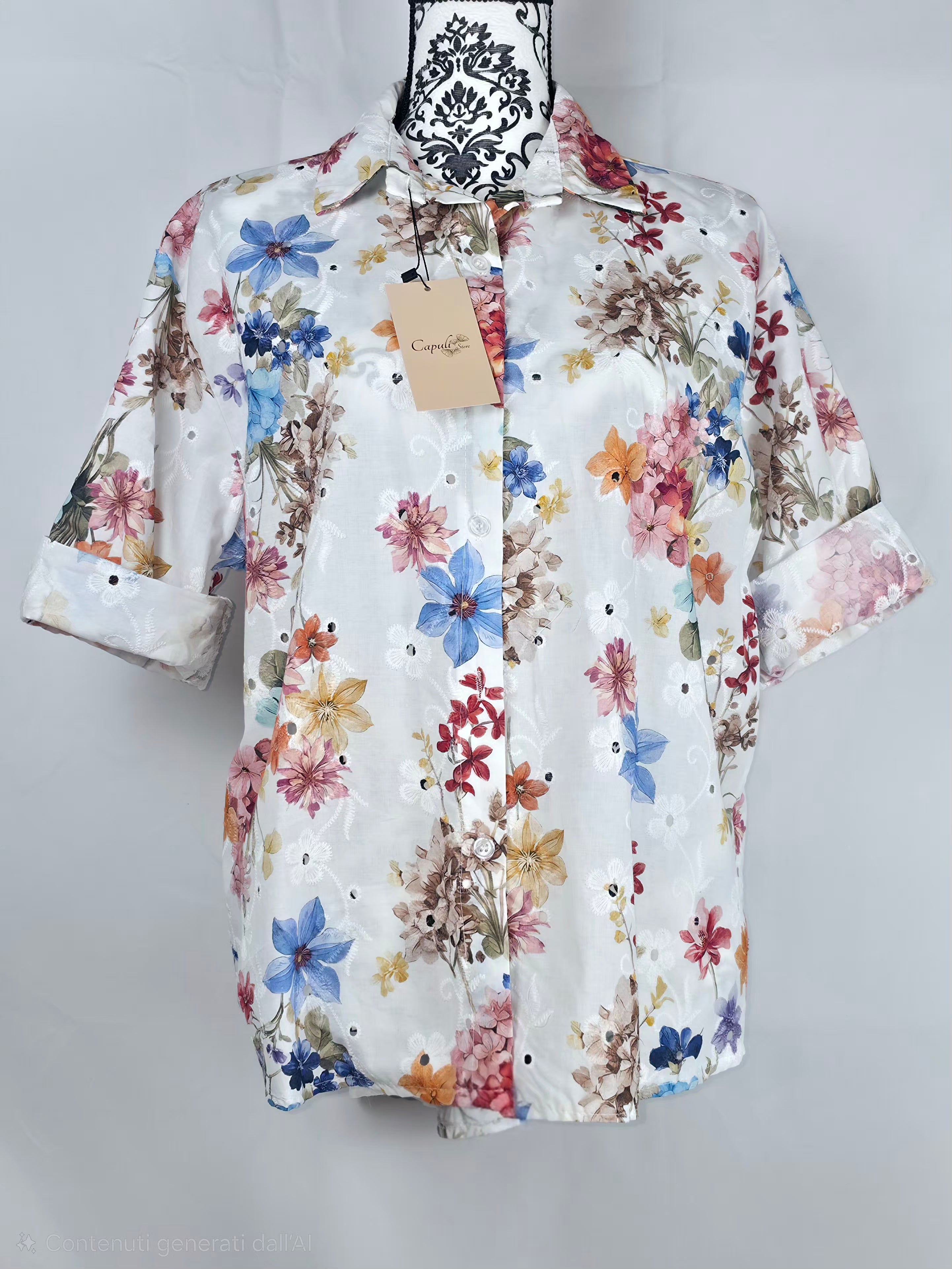 Camicia Floreale Elegante  - Cotone Ricamato e Sangallo