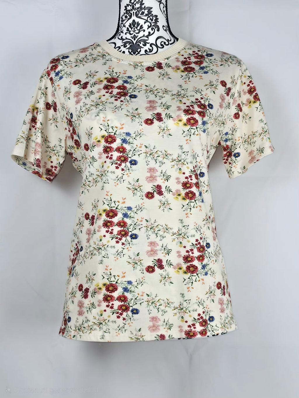 T-shirt Floreale Elegante con Girocollo a Costine