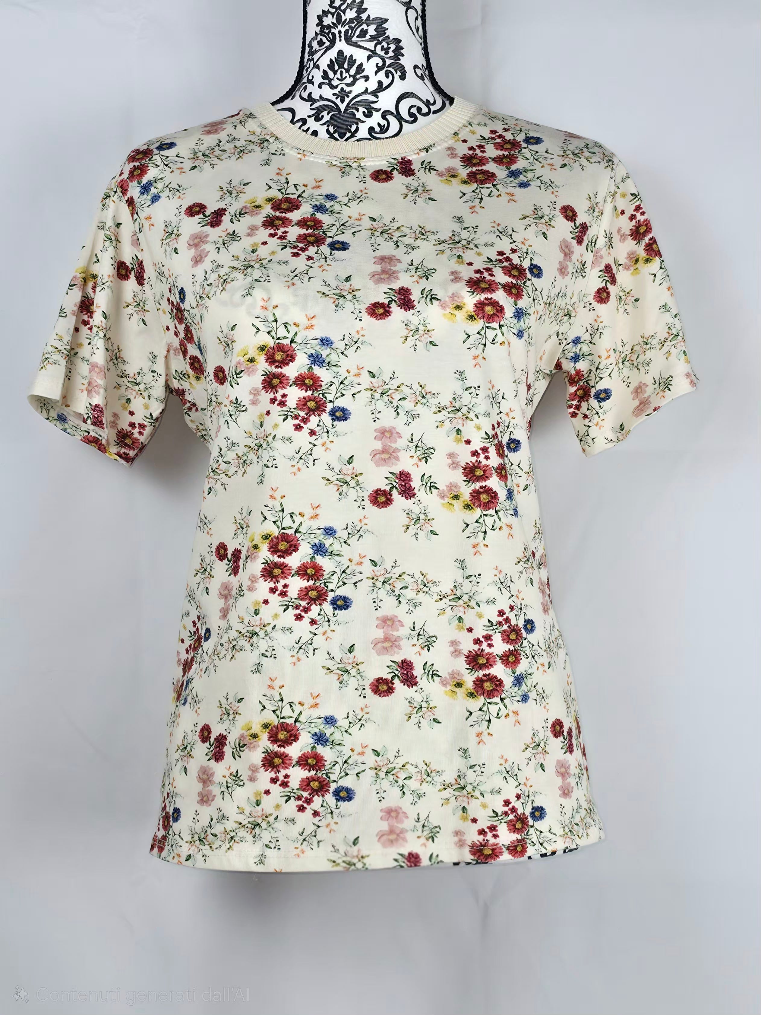 T-shirt Floreale Elegante con Girocollo a Costine
