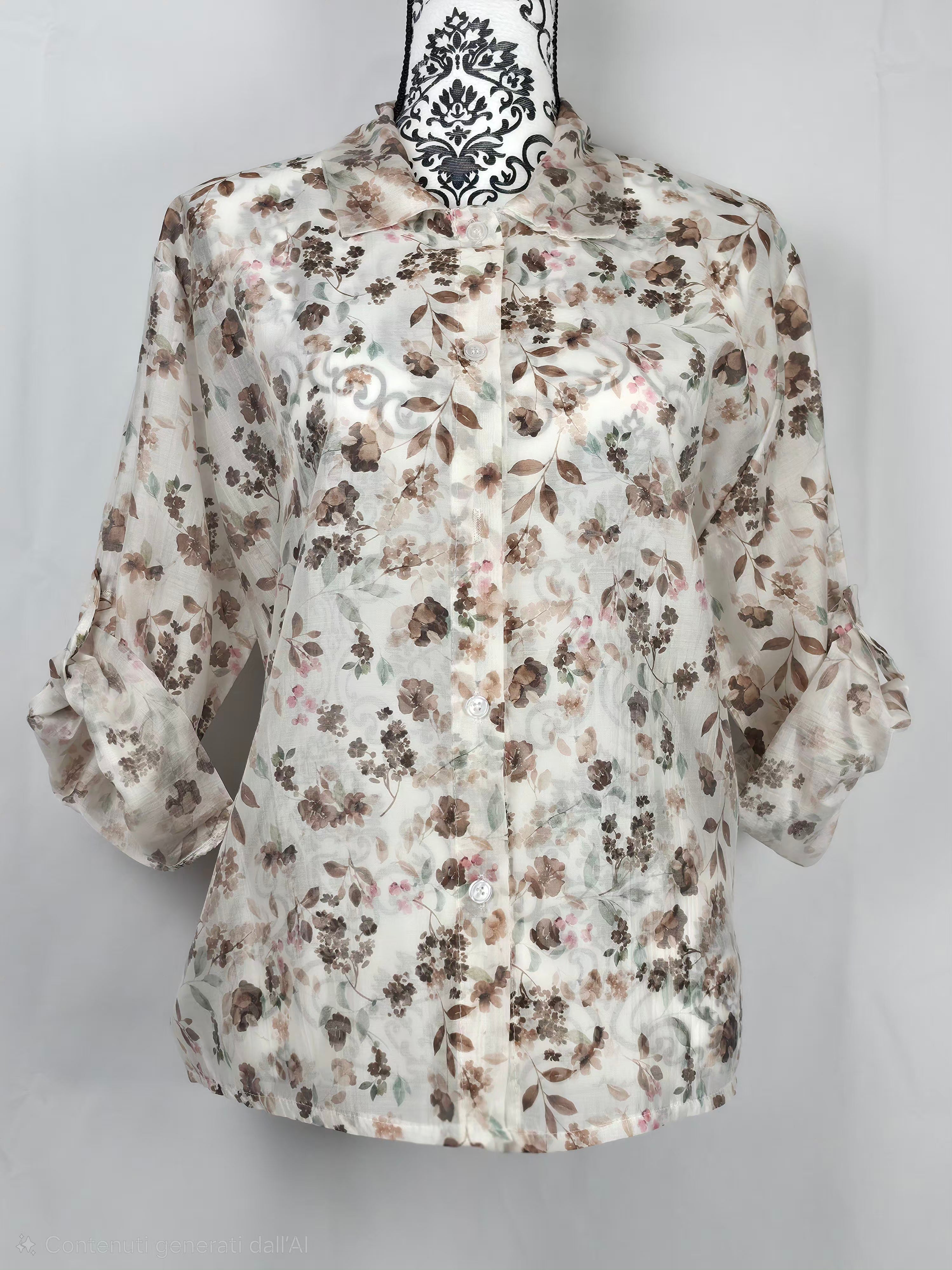 Blusa leggera floreale a maniche 3/4 in voile trasparente