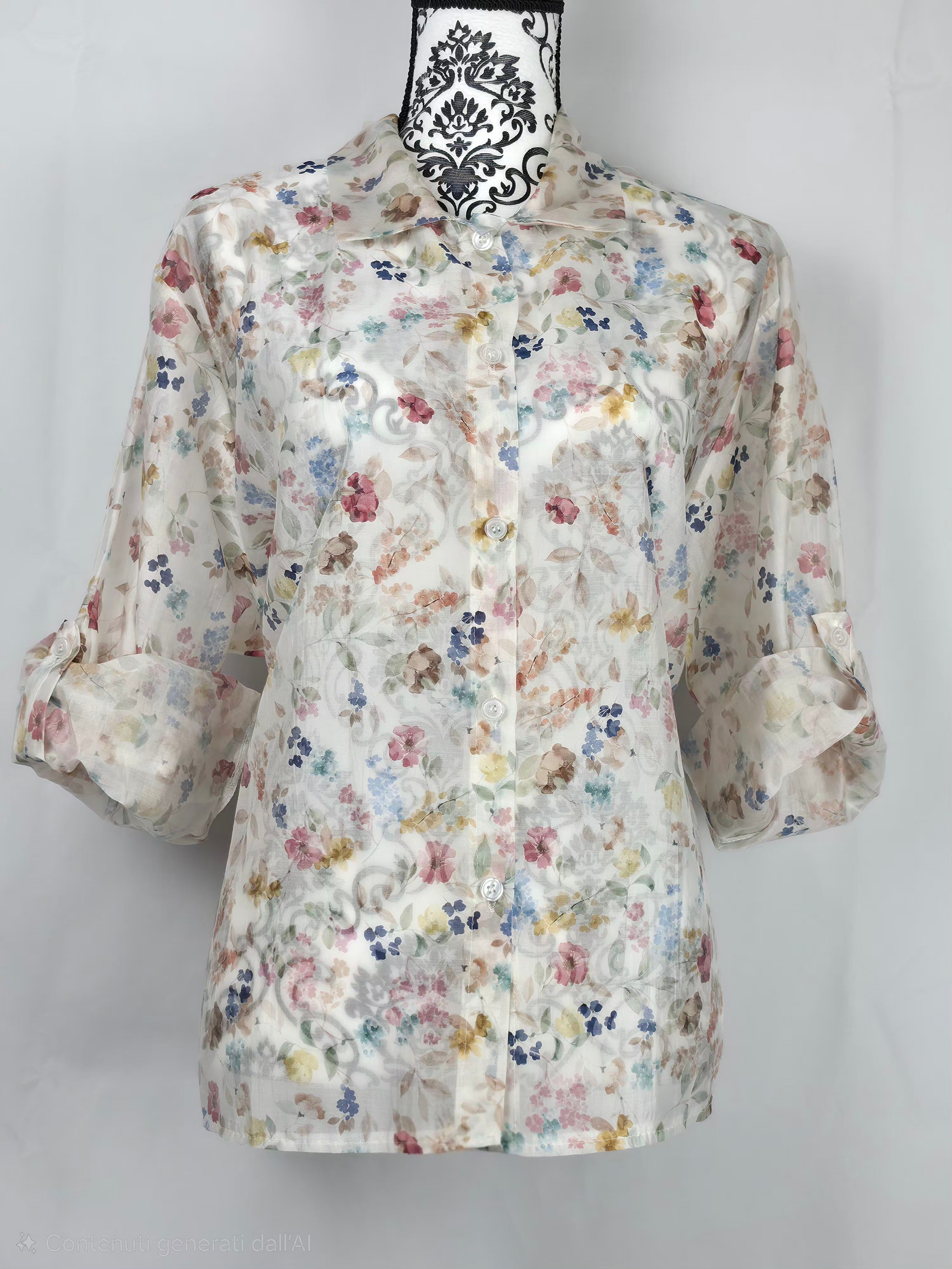 Blusa leggera floreale a maniche 3/4 in voile trasparente