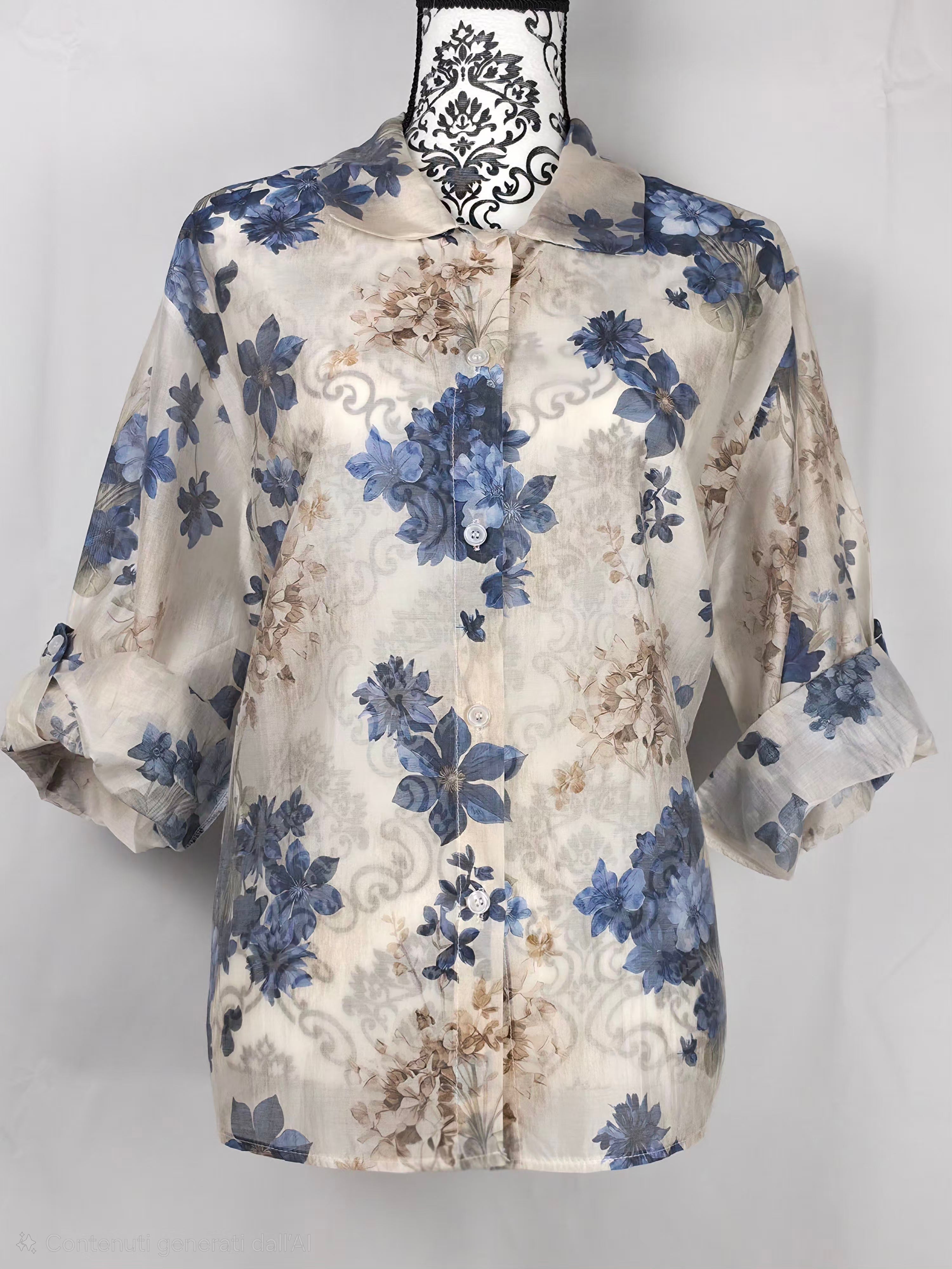 Blusa leggera floreale a maniche 3/4 in voile trasparente