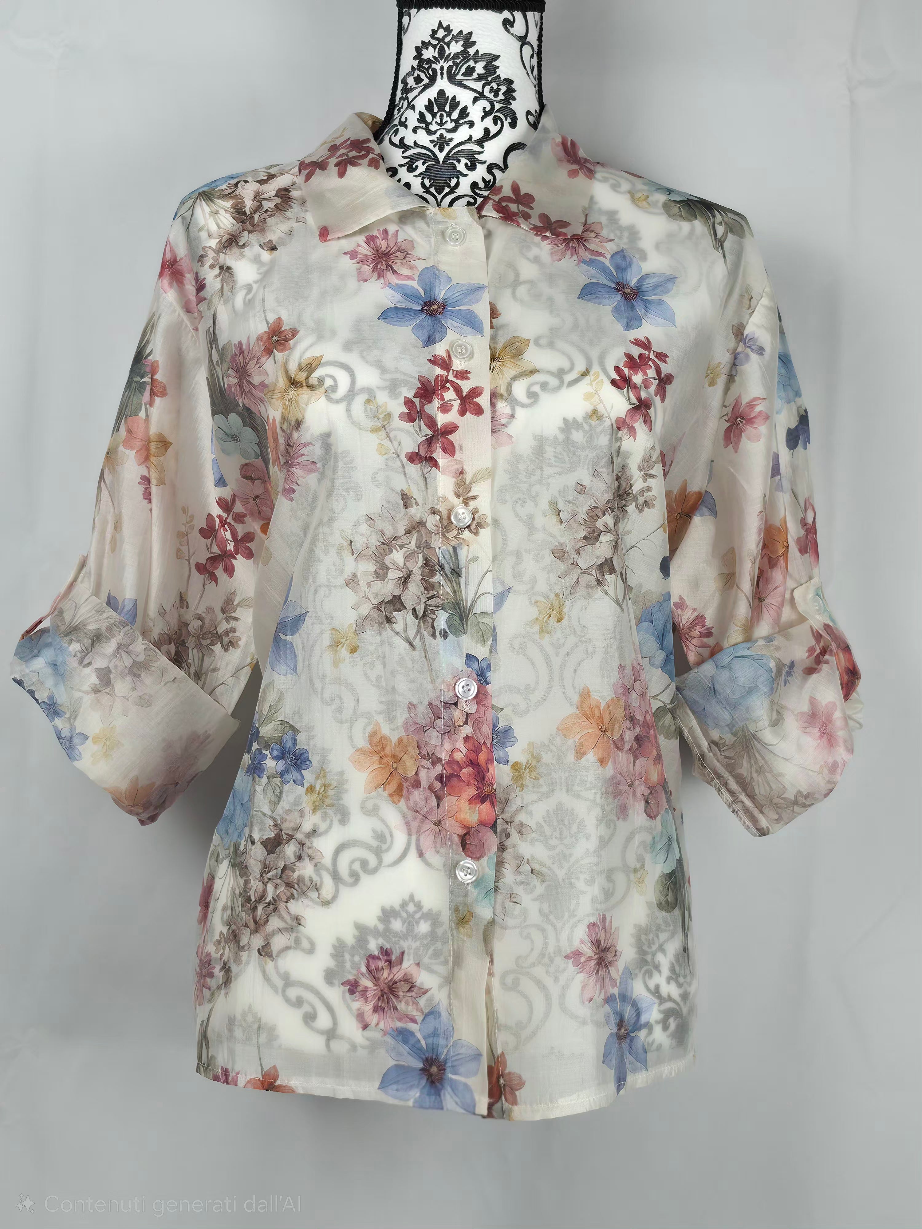 Blusa leggera floreale a maniche 3/4 in voile trasparente
