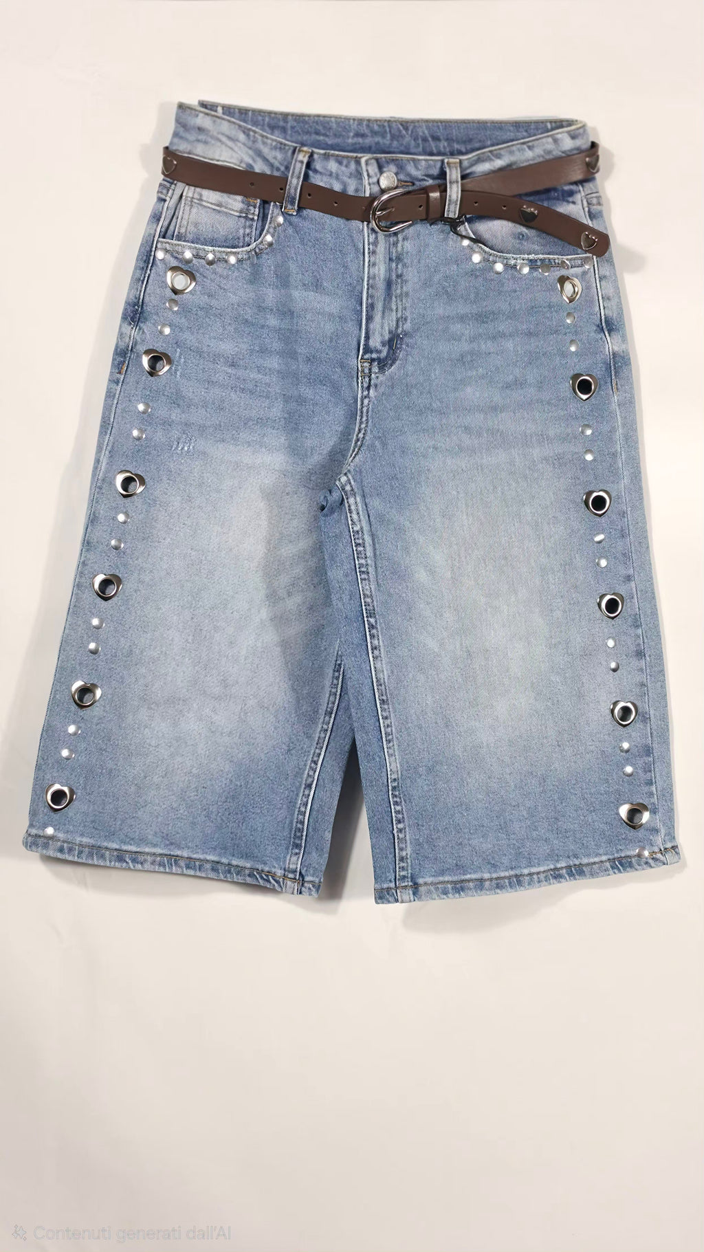 Pantaloncini Jeans Larghi con Occhielli a Cuore e Cintura Abbinata