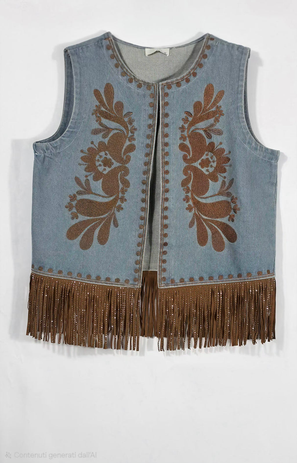 Gilet vintage-style in denim con fiori ricamati e frange