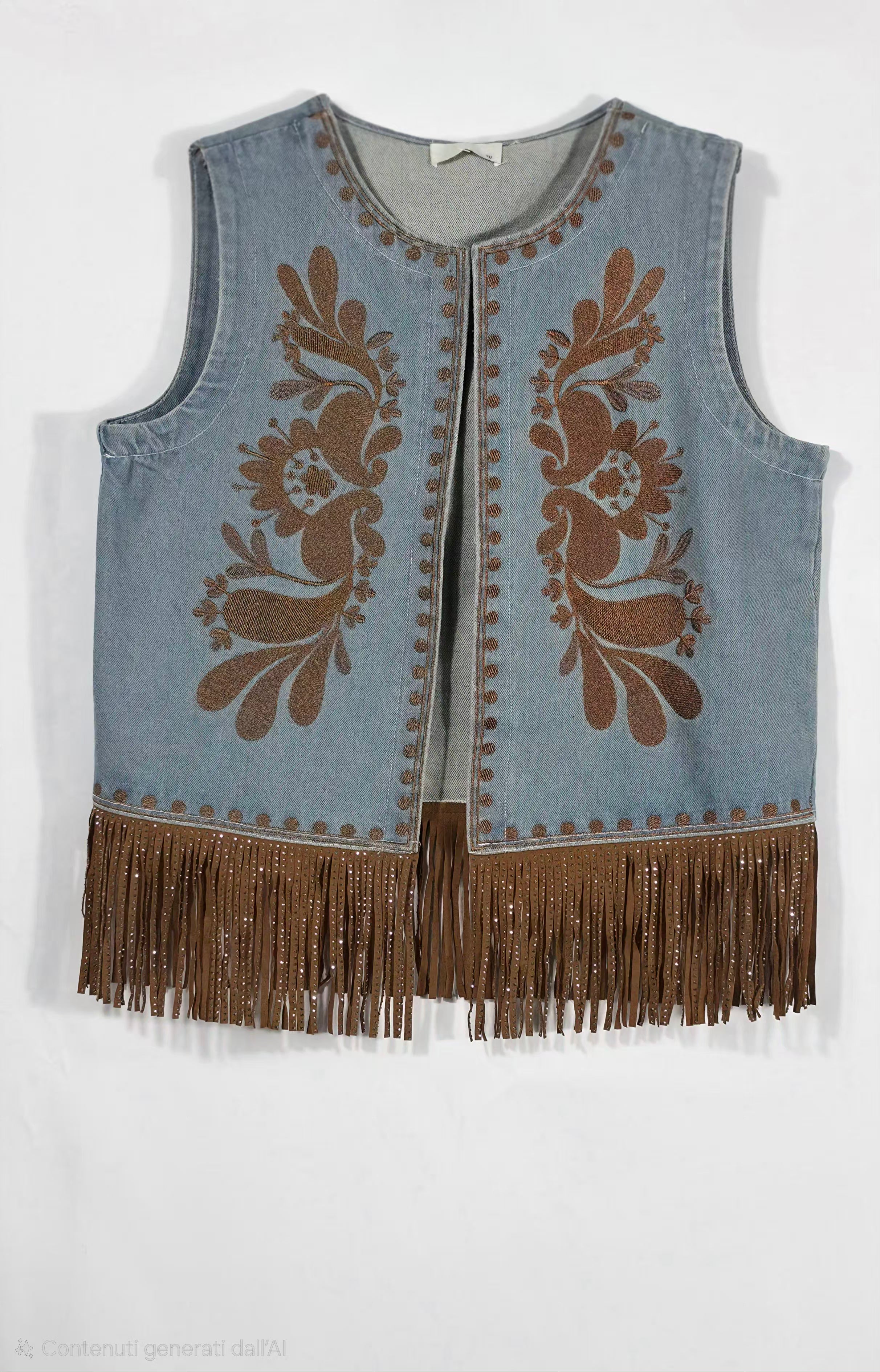 Gilet vintage-style in denim con fiori ricamati e frange