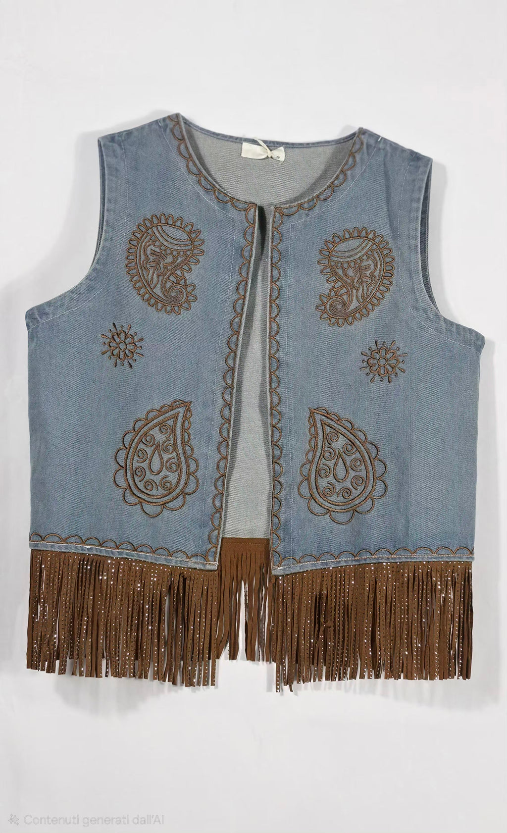 Gilet vintage-style in denim con fiori ricamati e frange