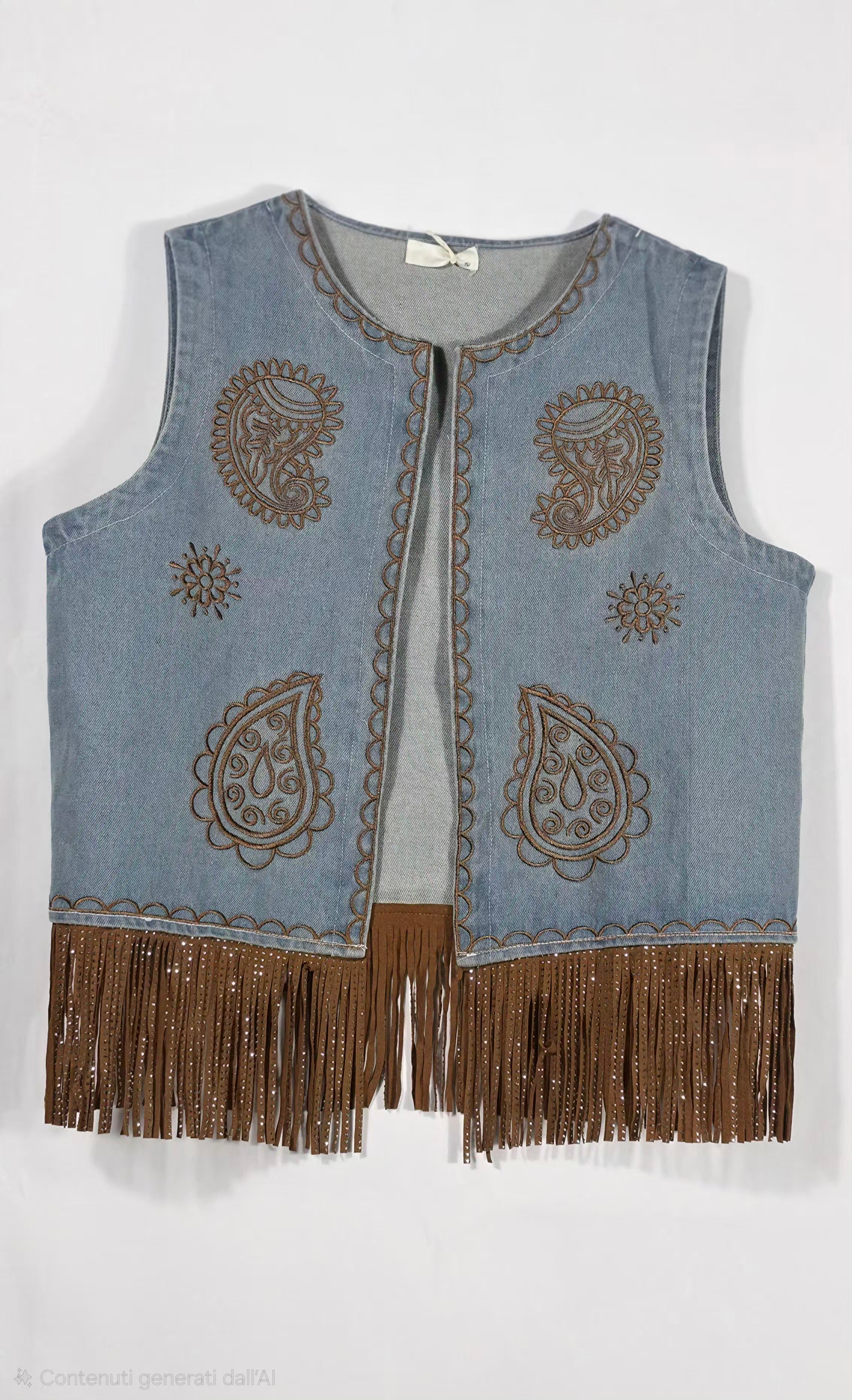 Gilet vintage-style in denim con fiori ricamati e frange