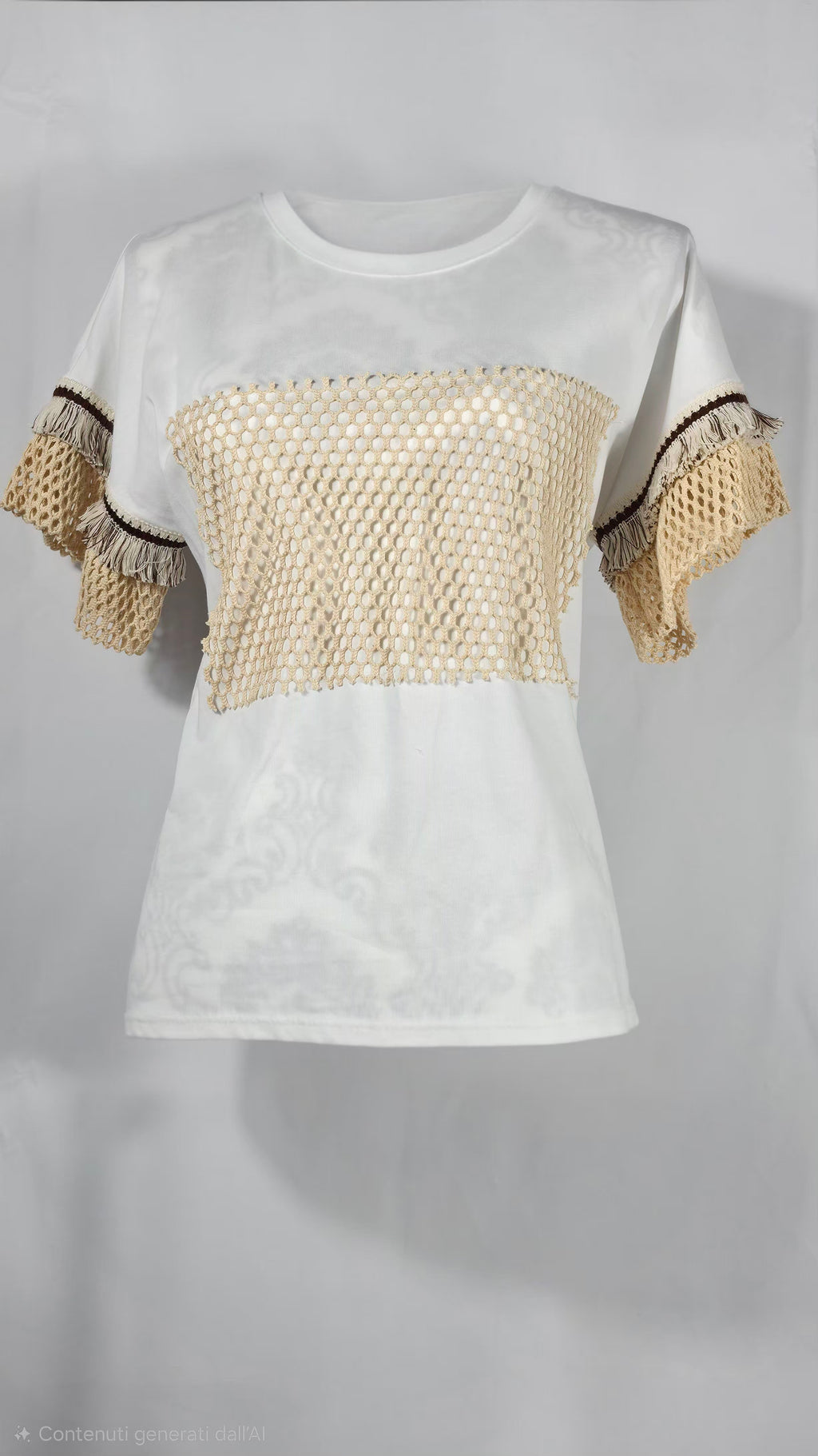 T-shirt Estiva con Maniche a Mezza Lunghezza in Pizzo Traforato