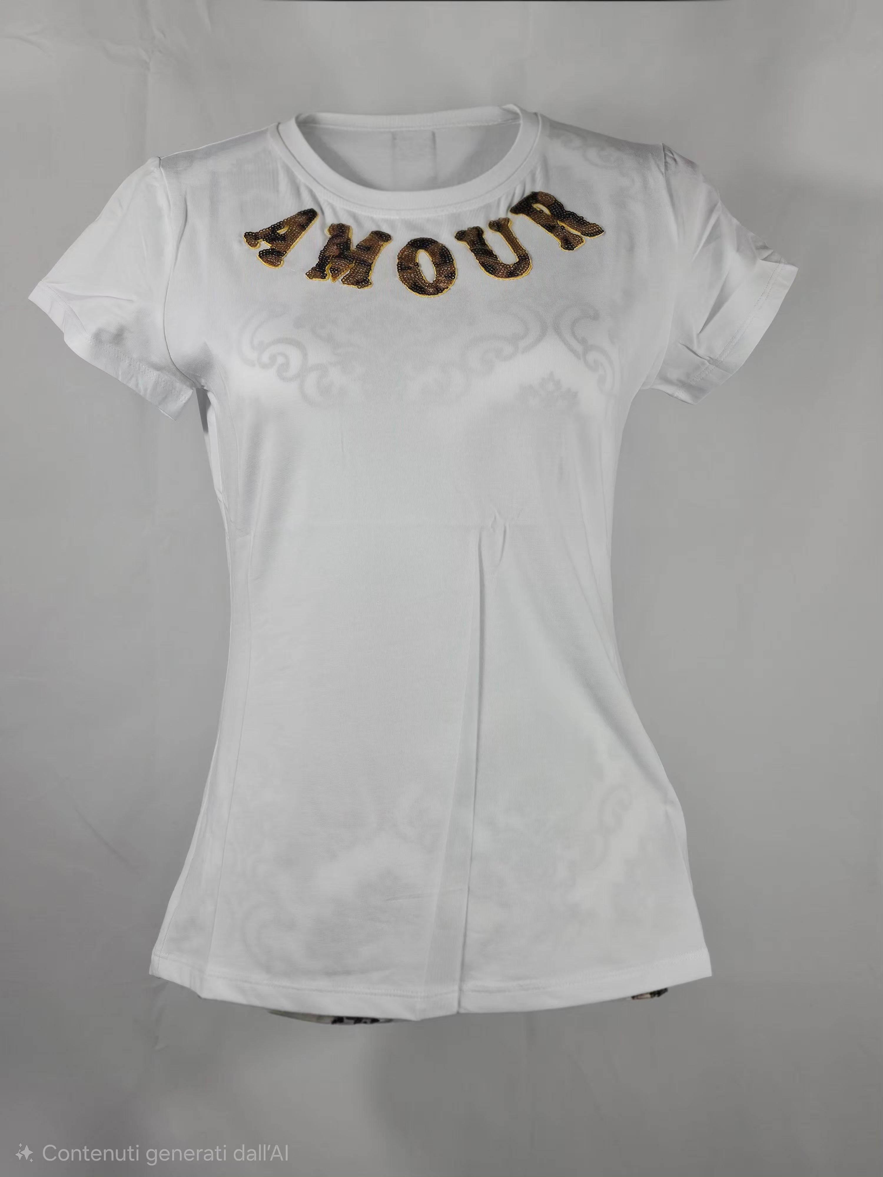 T-shirt Donna , Bianca con Scritta Amour Glitter Cuore