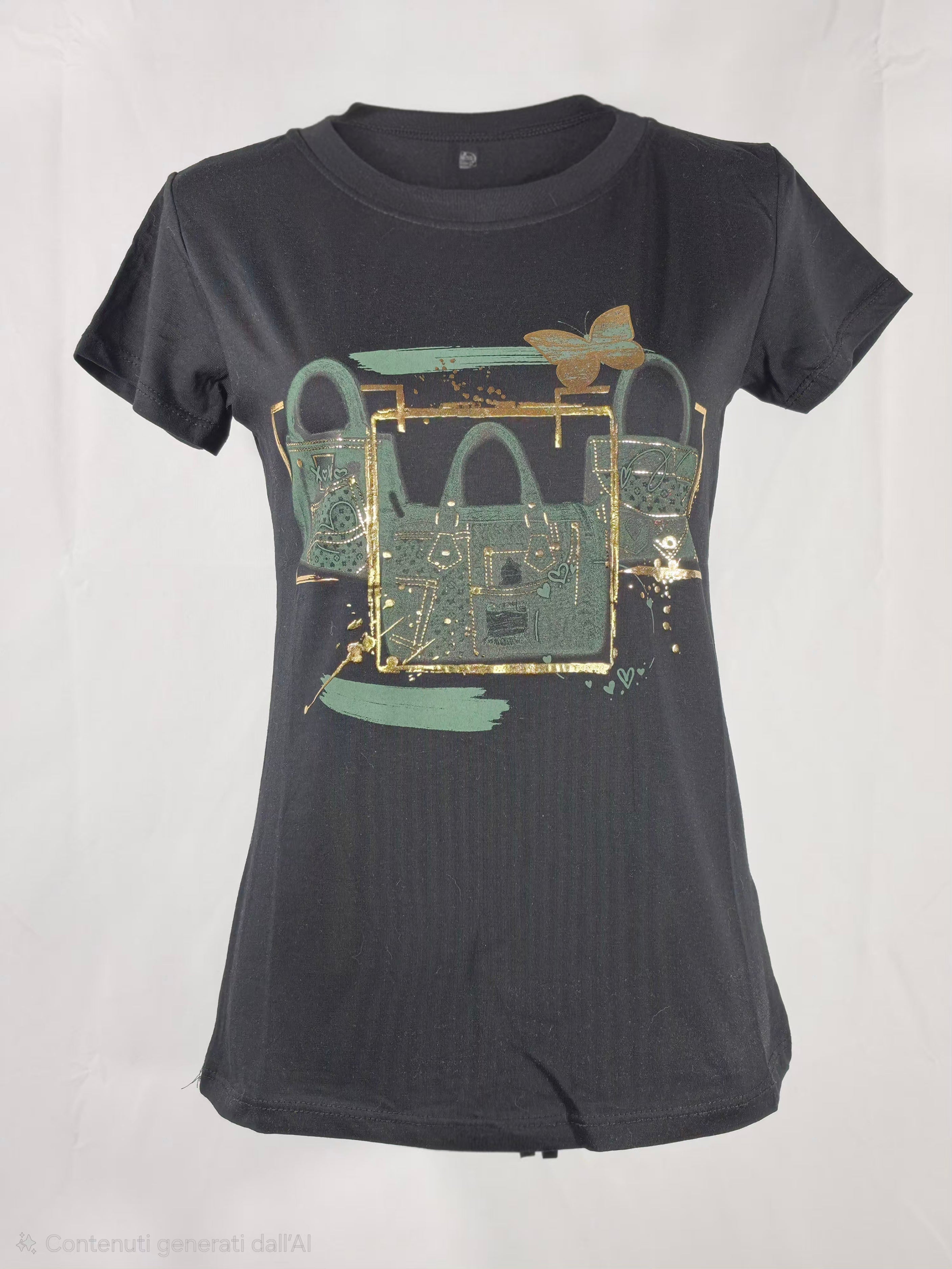 T-shirt donna nera con stampa grafica borse e dettagli oro