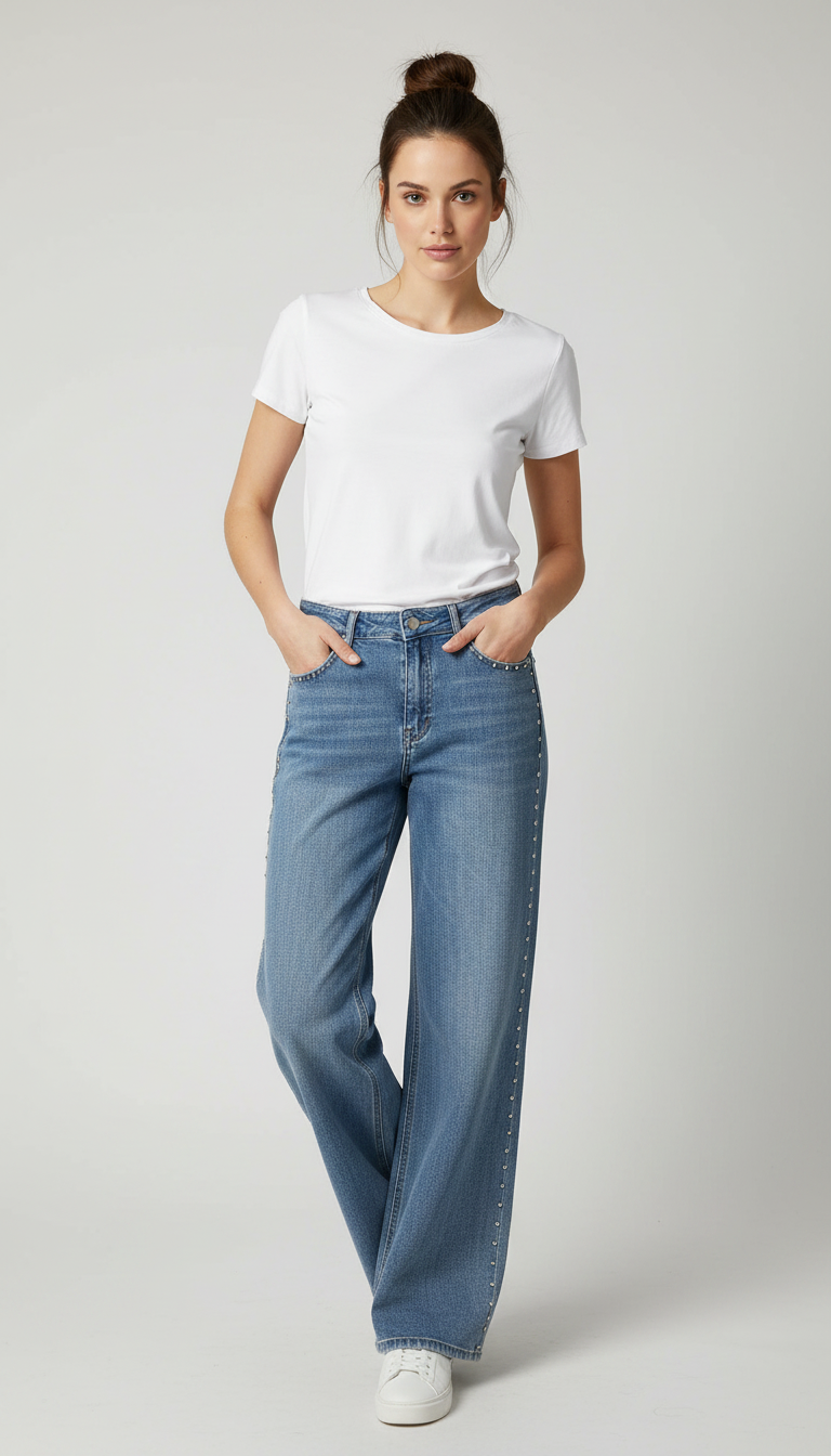 Jeans chiari a gamba larga con borchie laterali