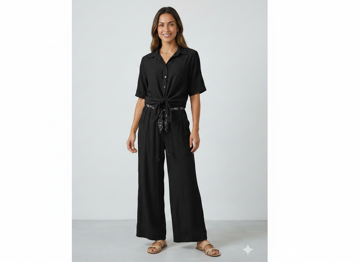 Completo in lino  con camicia annodata e pantaloni palazzo
